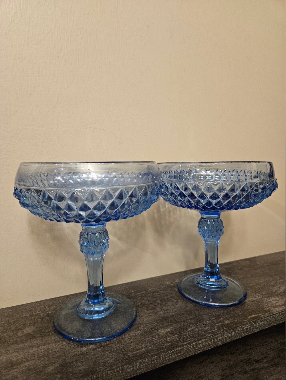 Vintage Indiana Glass Diamond Point Ice Blue Footed Compote Bowls - Set of 2